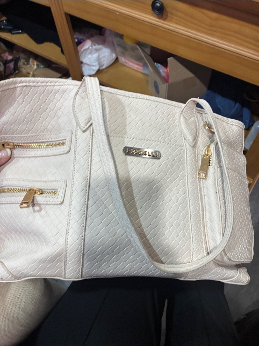 Textured Cream Shoulder Tote with Gold Hardware